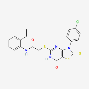 molecular formula C21H17ClN4O2S3 B11283366 2-((3-(4-chlorophenyl)-7-oxo-2-thioxo-2,3,6,7-tetrahydrothiazolo[4,5-d]pyrimidin-5-yl)thio)-N-(2-ethylphenyl)acetamide 