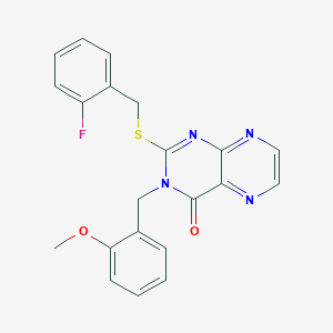 molecular formula C21H17FN4O2S B11283540 2-{[(2-Fluorophenyl)methyl]sulfanyl}-3-[(2-methoxyphenyl)methyl]-3,4-dihydropteridin-4-one 