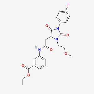 molecular formula C23H24FN3O6 B11283648 Ethyl 3-({[1-(4-fluorophenyl)-3-(2-methoxyethyl)-2,5-dioxoimidazolidin-4-yl]acetyl}amino)benzoate 