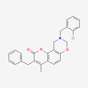 molecular formula C26H22ClNO3 B11283841 3-benzyl-9-(2-chlorobenzyl)-4-methyl-9,10-dihydro-2H,8H-chromeno[8,7-e][1,3]oxazin-2-one 