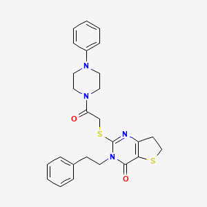 molecular formula C26H28N4O2S2 B11284035 2-((2-oxo-2-(4-phenylpiperazin-1-yl)ethyl)thio)-3-phenethyl-6,7-dihydrothieno[3,2-d]pyrimidin-4(3H)-one 