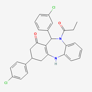 molecular formula C28H24Cl2N2O2 B11284122 1-[11-(3-chlorophenyl)-3-(4-chlorophenyl)-1-hydroxy-2,3,4,11-tetrahydro-10H-dibenzo[b,e][1,4]diazepin-10-yl]propan-1-one 