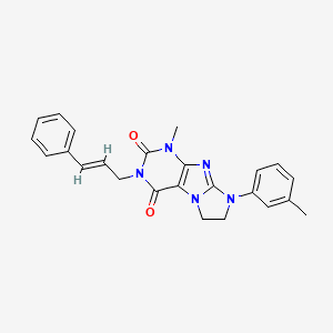 molecular formula C24H23N5O2 B11284180 3-((2E)-3-phenylprop-2-enyl)-1-methyl-8-(3-methylphenyl)-1,3,5-trihydroimidazo lidino[1,2-h]purine-2,4-dione 