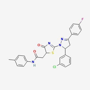 molecular formula C27H22ClFN4O2S B11284271 2-{2-[5-(3-chlorophenyl)-3-(4-fluorophenyl)-4,5-dihydro-1H-pyrazol-1-yl]-4-oxo-4,5-dihydro-1,3-thiazol-5-yl}-N-(4-methylphenyl)acetamide 