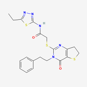 molecular formula C20H21N5O2S3 B11284400 N-(5-ethyl-1,3,4-thiadiazol-2-yl)-2-((4-oxo-3-phenethyl-3,4,6,7-tetrahydrothieno[3,2-d]pyrimidin-2-yl)thio)acetamide 