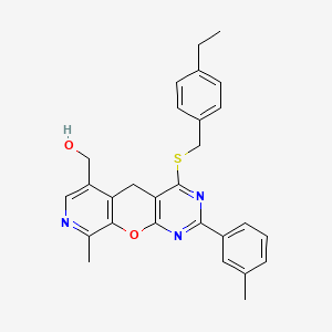 molecular formula C28H27N3O2S B11284403 (7-{[(4-Ethylphenyl)methyl]sulfanyl}-14-methyl-5-(3-methylphenyl)-2-oxa-4,6,13-triazatricyclo[8.4.0.0^{3,8}]tetradeca-1(10),3(8),4,6,11,13-hexaen-11-yl)methanol 