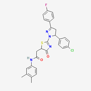 molecular formula C28H24ClFN4O2S B11284768 2-{2-[5-(4-chlorophenyl)-3-(4-fluorophenyl)-4,5-dihydro-1H-pyrazol-1-yl]-4-oxo-4,5-dihydro-1,3-thiazol-5-yl}-N-(3,4-dimethylphenyl)acetamide 