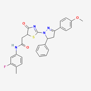 molecular formula C28H25FN4O3S B11285022 N-(3-fluoro-4-methylphenyl)-2-{2-[3-(4-methoxyphenyl)-5-phenyl-4,5-dihydro-1H-pyrazol-1-yl]-4-oxo-4,5-dihydro-1,3-thiazol-5-yl}acetamide 