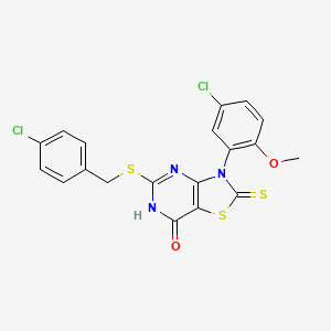 molecular formula C19H13Cl2N3O2S3 B11285559 3-(5-chloro-2-methoxyphenyl)-5-((4-chlorobenzyl)thio)-2-thioxo-2,3-dihydrothiazolo[4,5-d]pyrimidin-7(6H)-one 