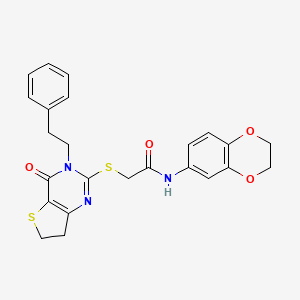 molecular formula C24H23N3O4S2 B11285601 N-(2,3-dihydrobenzo[b][1,4]dioxin-6-yl)-2-((4-oxo-3-phenethyl-3,4,6,7-tetrahydrothieno[3,2-d]pyrimidin-2-yl)thio)acetamide 