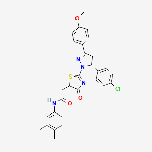 molecular formula C29H27ClN4O3S B11285610 2-{2-[5-(4-chlorophenyl)-3-(4-methoxyphenyl)-4,5-dihydro-1H-pyrazol-1-yl]-4-oxo-4,5-dihydro-1,3-thiazol-5-yl}-N-(3,4-dimethylphenyl)acetamide 