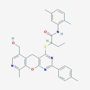 N-(2,5-dimethylphenyl)-2-{[11-(hydroxymethyl)-14-methyl-5-(4-methylphenyl)-2-oxa-4,6,13-triazatricyclo[8.4.0.0^{3,8}]tetradeca-1(10),3(8),4,6,11,13-hexaen-7-yl]sulfanyl}butanamide