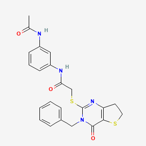 molecular formula C23H22N4O3S2 B11285886 2-({3-Benzyl-4-oxo-3H,4H,6H,7H-thieno[3,2-D]pyrimidin-2-YL}sulfanyl)-N-(3-acetamidophenyl)acetamide 