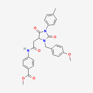 molecular formula C28H27N3O6 B11286022 Methyl 4-({[3-(4-methoxybenzyl)-1-(4-methylphenyl)-2,5-dioxoimidazolidin-4-yl]acetyl}amino)benzoate 