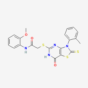 molecular formula C21H18N4O3S3 B11286126 N-(2-methoxyphenyl)-2-((7-oxo-2-thioxo-3-(o-tolyl)-2,3,6,7-tetrahydrothiazolo[4,5-d]pyrimidin-5-yl)thio)acetamide 