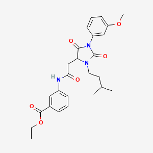 molecular formula C26H31N3O6 B11286389 Ethyl 3-({[1-(3-methoxyphenyl)-3-(3-methylbutyl)-2,5-dioxoimidazolidin-4-yl]acetyl}amino)benzoate 