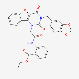 molecular formula C29H23N3O8 B11286636 ethyl 2-(2-(3-(benzo[d][1,3]dioxol-5-ylmethyl)-2,4-dioxo-3,4-dihydrobenzofuro[3,2-d]pyrimidin-1(2H)-yl)acetamido)benzoate 