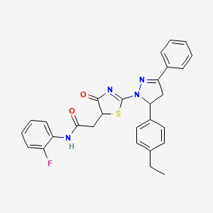 molecular formula C28H25FN4O2S B11286681 2-{2-[5-(4-ethylphenyl)-3-phenyl-4,5-dihydro-1H-pyrazol-1-yl]-4-oxo-4,5-dihydro-1,3-thiazol-5-yl}-N-(2-fluorophenyl)acetamide 