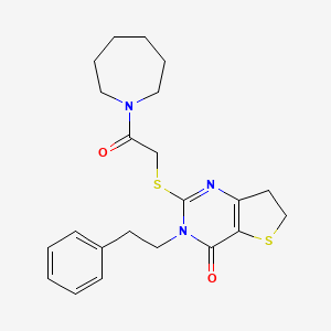 molecular formula C22H27N3O2S2 B11286688 2-((2-(azepan-1-yl)-2-oxoethyl)thio)-3-phenethyl-6,7-dihydrothieno[3,2-d]pyrimidin-4(3H)-one 