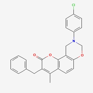 molecular formula C25H20ClNO3 B11287279 3-benzyl-9-(4-chlorophenyl)-4-methyl-9,10-dihydro-2H,8H-chromeno[8,7-e][1,3]oxazin-2-one 