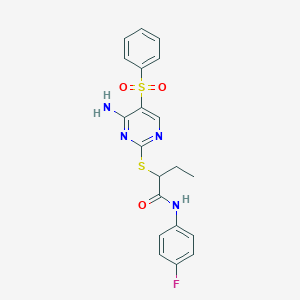 molecular formula C20H19FN4O3S2 B11287284 2-((4-amino-5-(phenylsulfonyl)pyrimidin-2-yl)thio)-N-(4-fluorophenyl)butanamide 