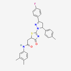 molecular formula C29H27FN4O2S B11287441 N-(3,4-dimethylphenyl)-2-{2-[3-(4-fluorophenyl)-5-(4-methylphenyl)-4,5-dihydro-1H-pyrazol-1-yl]-4-oxo-4,5-dihydro-1,3-thiazol-5-yl}acetamide 