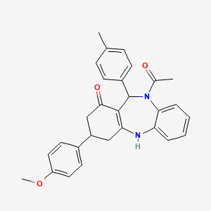 molecular formula C29H28N2O3 B11287496 1-[1-hydroxy-3-(4-methoxyphenyl)-11-(4-methylphenyl)-2,3,4,11-tetrahydro-10H-dibenzo[b,e][1,4]diazepin-10-yl]ethanone 