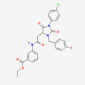 molecular formula C27H23ClFN3O5 B11287740 Ethyl 3-({[1-(4-chlorophenyl)-3-(4-fluorobenzyl)-2,5-dioxoimidazolidin-4-yl]acetyl}amino)benzoate 