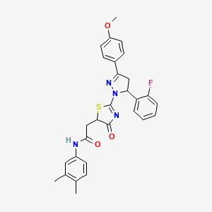 molecular formula C29H27FN4O3S B11287881 N-(3,4-dimethylphenyl)-2-{2-[5-(2-fluorophenyl)-3-(4-methoxyphenyl)-4,5-dihydro-1H-pyrazol-1-yl]-4-oxo-4,5-dihydro-1,3-thiazol-5-yl}acetamide 