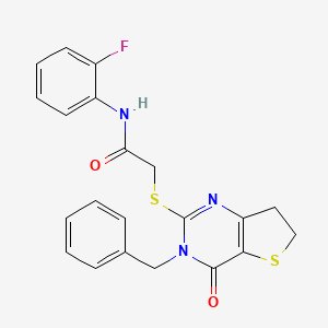 molecular formula C21H18FN3O2S2 B11288292 2-((3-benzyl-4-oxo-3,4,6,7-tetrahydrothieno[3,2-d]pyrimidin-2-yl)thio)-N-(2-fluorophenyl)acetamide 