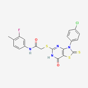 molecular formula C20H14ClFN4O2S3 B11288376 2-((3-(4-chlorophenyl)-7-oxo-2-thioxo-2,3,6,7-tetrahydrothiazolo[4,5-d]pyrimidin-5-yl)thio)-N-(3-fluoro-4-methylphenyl)acetamide 