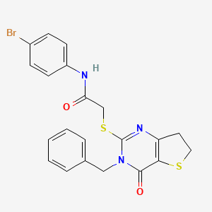 molecular formula C21H18BrN3O2S2 B11288392 2-((3-benzyl-4-oxo-3,4,6,7-tetrahydrothieno[3,2-d]pyrimidin-2-yl)thio)-N-(4-bromophenyl)acetamide 