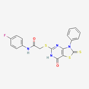 molecular formula C19H13FN4O2S3 B11288438 N-(4-fluorophenyl)-2-((7-oxo-3-phenyl-2-thioxo-2,3,6,7-tetrahydrothiazolo[4,5-d]pyrimidin-5-yl)thio)acetamide 