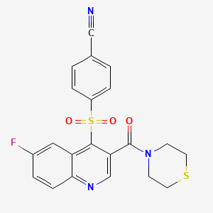 molecular formula C21H16FN3O3S2 B11288478 4-{[6-Fluoro-3-(thiomorpholin-4-ylcarbonyl)quinolin-4-yl]sulfonyl}benzonitrile 