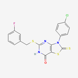 molecular formula C18H11ClFN3OS3 B11288610 3-(4-chlorophenyl)-5-((3-fluorobenzyl)thio)-2-thioxo-2,3-dihydrothiazolo[4,5-d]pyrimidin-7(6H)-one 