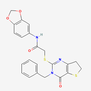 molecular formula C22H19N3O4S2 B11288612 N-(benzo[d][1,3]dioxol-5-yl)-2-((3-benzyl-4-oxo-3,4,6,7-tetrahydrothieno[3,2-d]pyrimidin-2-yl)thio)acetamide 