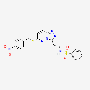 molecular formula C20H18N6O4S2 B11289005 N-(2-(6-((4-nitrobenzyl)thio)-[1,2,4]triazolo[4,3-b]pyridazin-3-yl)ethyl)benzenesulfonamide 