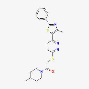 molecular formula C22H24N4OS2 B11289317 2-((6-(4-Methyl-2-phenylthiazol-5-yl)pyridazin-3-yl)thio)-1-(4-methylpiperidin-1-yl)ethanone 