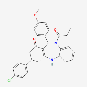 molecular formula C29H27ClN2O3 B11289555 1-[3-(4-chlorophenyl)-1-hydroxy-11-(4-methoxyphenyl)-2,3,4,11-tetrahydro-10H-dibenzo[b,e][1,4]diazepin-10-yl]propan-1-one 