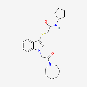 molecular formula C23H31N3O2S B11289738 2-((1-(2-(azepan-1-yl)-2-oxoethyl)-1H-indol-3-yl)thio)-N-cyclopentylacetamide 