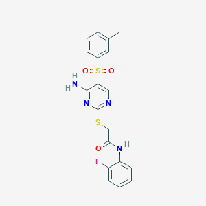 molecular formula C20H19FN4O3S2 B11289899 2-{[4-Amino-5-(3,4-dimethylbenzenesulfonyl)pyrimidin-2-YL]sulfanyl}-N-(2-fluorophenyl)acetamide 