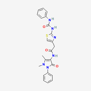 molecular formula C23H22N6O3S B11290697 N-(1,5-dimethyl-3-oxo-2-phenyl-2,3-dihydro-1H-pyrazol-4-yl)-2-(2-(3-phenylureido)thiazol-4-yl)acetamide 