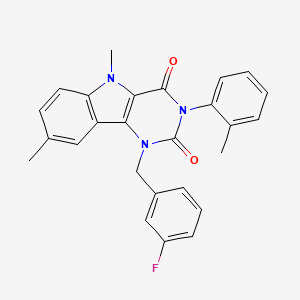 molecular formula C26H22FN3O2 B11291038 1-[(3-Fluorophenyl)methyl]-5,8-dimethyl-3-(2-methylphenyl)-1H,2H,3H,4H,5H-pyrimido[5,4-B]indole-2,4-dione 