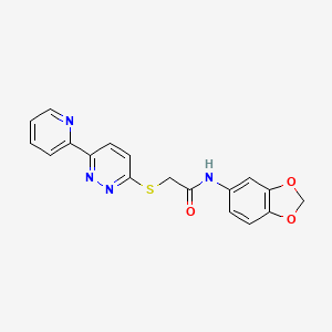 molecular formula C18H14N4O3S B11291141 N-(benzo[d][1,3]dioxol-5-yl)-2-((6-(pyridin-2-yl)pyridazin-3-yl)thio)acetamide 