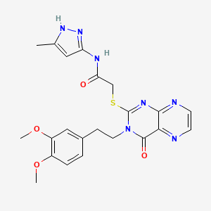 molecular formula C22H23N7O4S B11292272 2-({3-[2-(3,4-dimethoxyphenyl)ethyl]-4-oxo-3,4-dihydropteridin-2-yl}sulfanyl)-N-(3-methyl-1H-pyrazol-5-yl)acetamide 