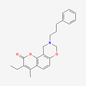 molecular formula C23H25NO3 B11292318 3-ethyl-4-methyl-9-(3-phenylpropyl)-9,10-dihydro-2H,8H-chromeno[8,7-e][1,3]oxazin-2-one 