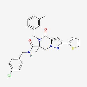 molecular formula C27H25ClN4O2S B11292359 N-[(4-Chlorophenyl)methyl]-6-methyl-5-[(3-methylphenyl)methyl]-4-oxo-2-(thiophen-2-YL)-4H,5H,6H,7H-pyrazolo[1,5-A]pyrazine-6-carboxamide 