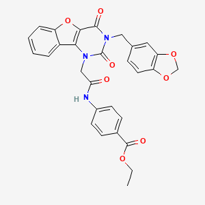 molecular formula C29H23N3O8 B11292523 ethyl 4-(2-(3-(benzo[d][1,3]dioxol-5-ylmethyl)-2,4-dioxo-3,4-dihydrobenzofuro[3,2-d]pyrimidin-1(2H)-yl)acetamido)benzoate 