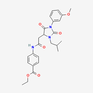 molecular formula C25H29N3O6 B11292554 Ethyl 4-({[1-(3-methoxyphenyl)-3-(2-methylpropyl)-2,5-dioxoimidazolidin-4-yl]acetyl}amino)benzoate 