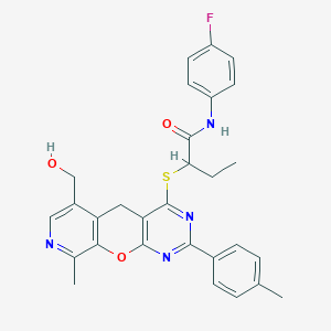 N-(4-fluorophenyl)-2-{[11-(hydroxymethyl)-14-methyl-5-(4-methylphenyl)-2-oxa-4,6,13-triazatricyclo[8.4.0.0^{3,8}]tetradeca-1(10),3(8),4,6,11,13-hexaen-7-yl]sulfanyl}butanamide